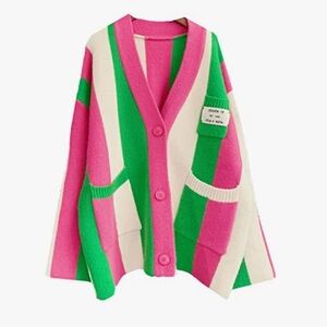 Pink, Green, and Cream Striped Cardigan - Size XL